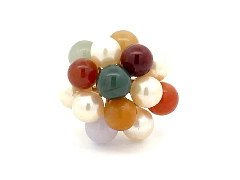 Rings with hexagon-cut stones for trendiness -Mings Pearl and Colorful Jade Ring in 14k Yellow Gold