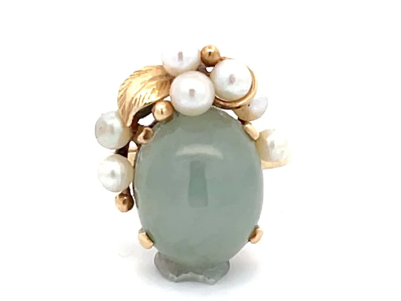 Rings with crescent moon for lunar charm -Mings Round Green Jade and Pearl Leaf Ring in 14k Yellow Gold