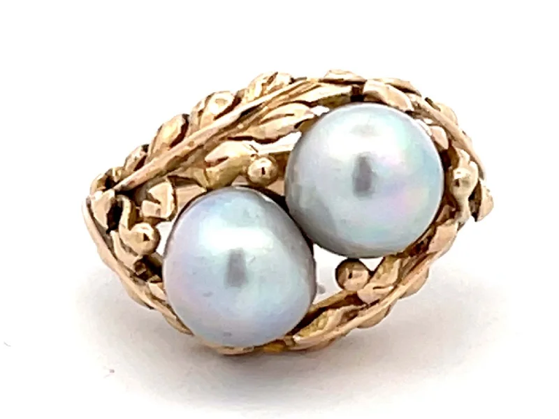 Rings with etched floral bands for detail -Mings Two Baroque Pearl and Leaf Design Ring in 14k Yellow Gold