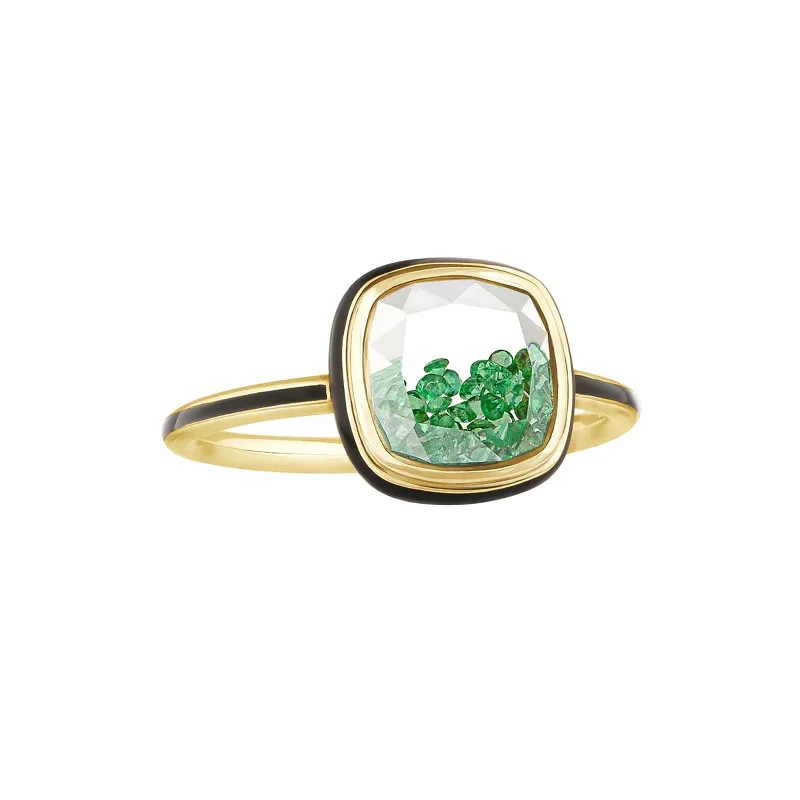 Stackable rings with mixed metal finishes -Emerald and Black Enamel Cushion Ring