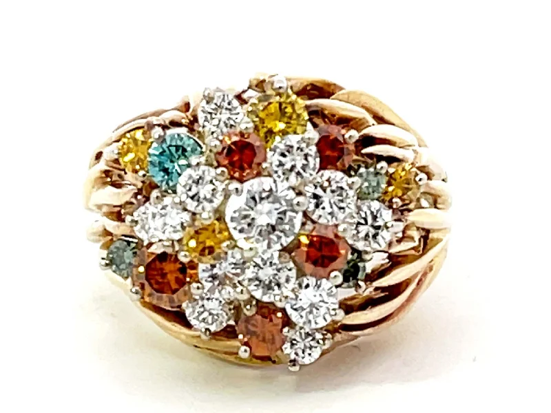 Rings with wide bands for statement wear -Multicolored Diamond Cluster Ring in 18k Yellow Gold