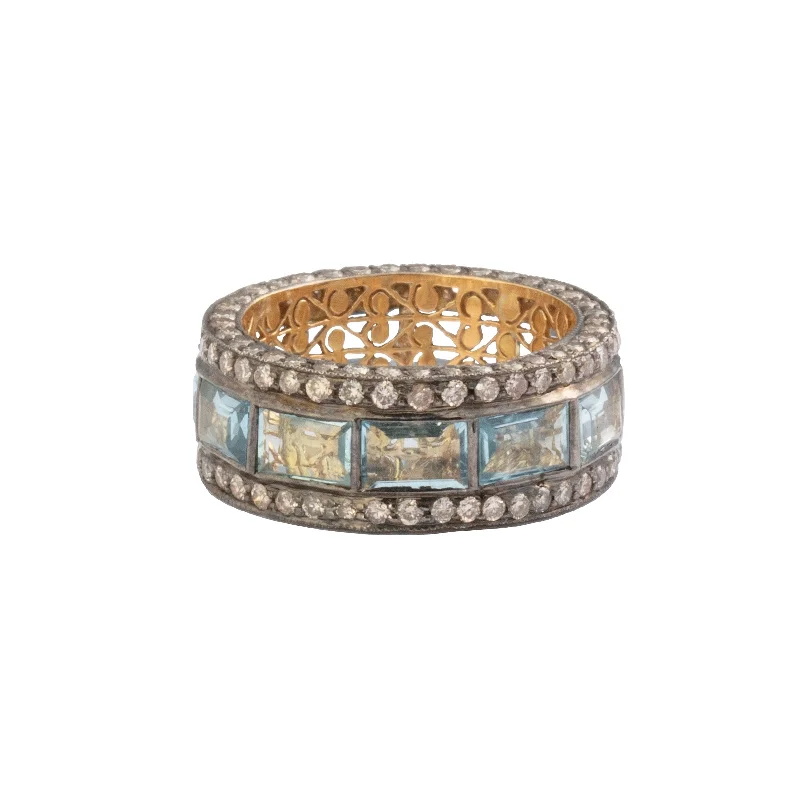 Rings with engraved constellations for stargazers -Diamond & Aquamarine Lattice Band Ring