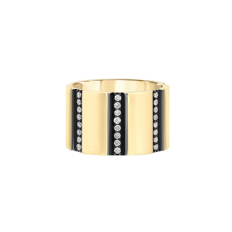 Rings with polished onyx for sleek contrast -Diamond Striped Cigar Band with Ruthenium Black Trim