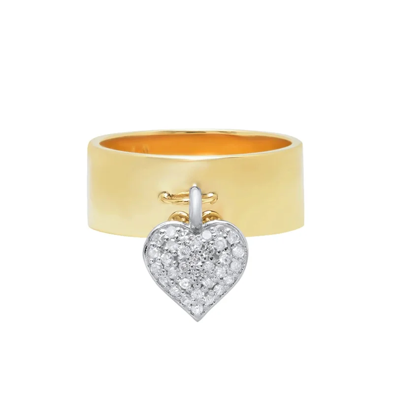 Rings with floral halo diamond arrangements -Double Sided Heart Charm Cigar Band Ring