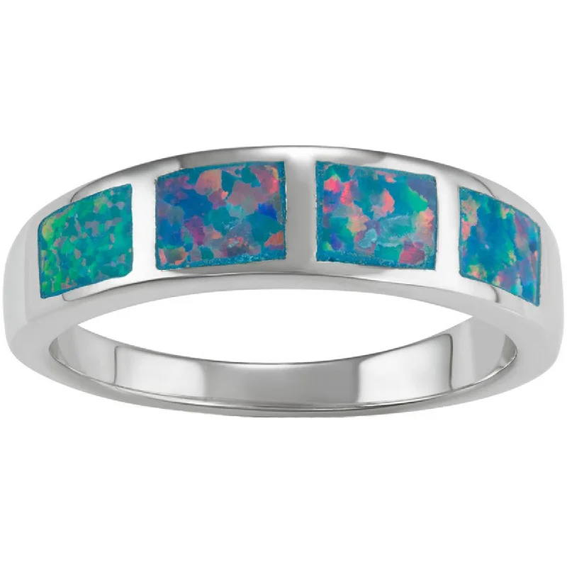 Titanium rings with rugged brushed metal look -Opalata Women's Blue Green Fire Opal Squares Ring - W-1563