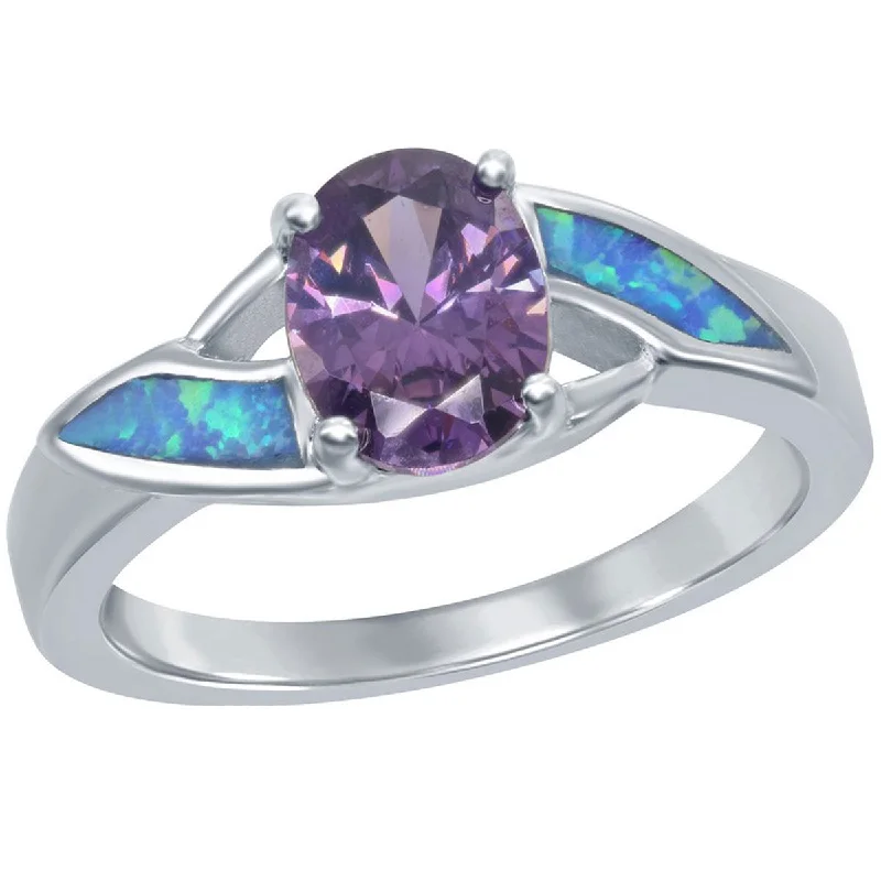 Rings with moonstone gems for ethereal glow -Opalata Women's Blue Opal 4-Prong Purple CZ Ring - W-9590