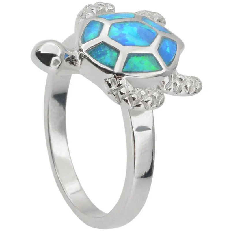 Sterling silver rings with vibrant turquoise stones -Opalata Women's Silver Blue Opal Turtle Ring - W-9645