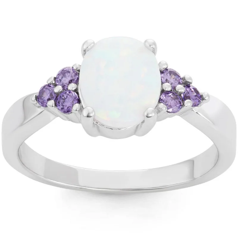 Rings with lapis lazuli for rich blue -Opalata Women's White Opal and Amethyst CZ Ring - W-1505