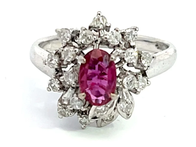 Rings with floral amethyst for romantic touch -Oval Ruby and Diamond Cluster Ring in 14k White Gold