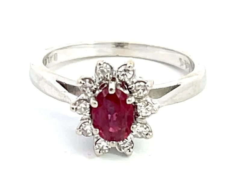 Rings with tiger eye bands for warmth -Oval Ruby and Diamond Halo Ring in 14k White Gold