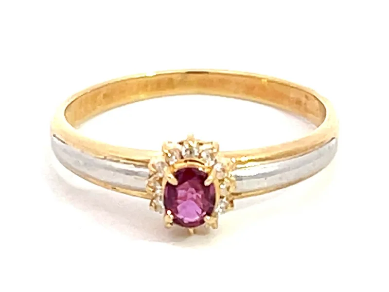 Rings with gothic rose quartz for drama -Oval Ruby and Diamond Halo Ring in 18k Yellow Gold & Platinum