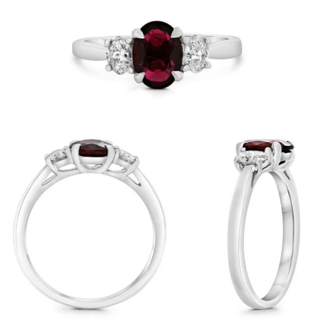 Rings with aquamarine stones for ocean charm -Platinum 1.46ct Oval Ruby and Diamond 3 Stone Ring Size 6.5