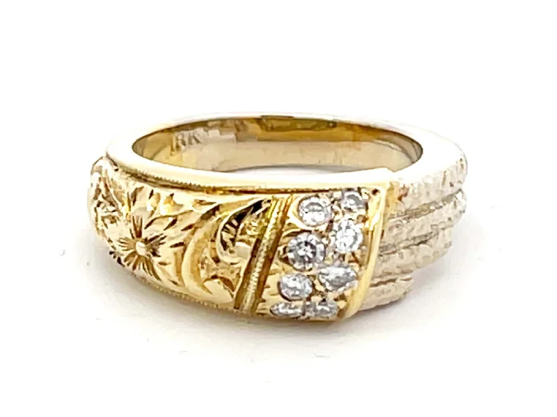 Rings with tiger eye bands for warmth -Plumeria Diamond Two Toned Textured Ring in 18k Gold