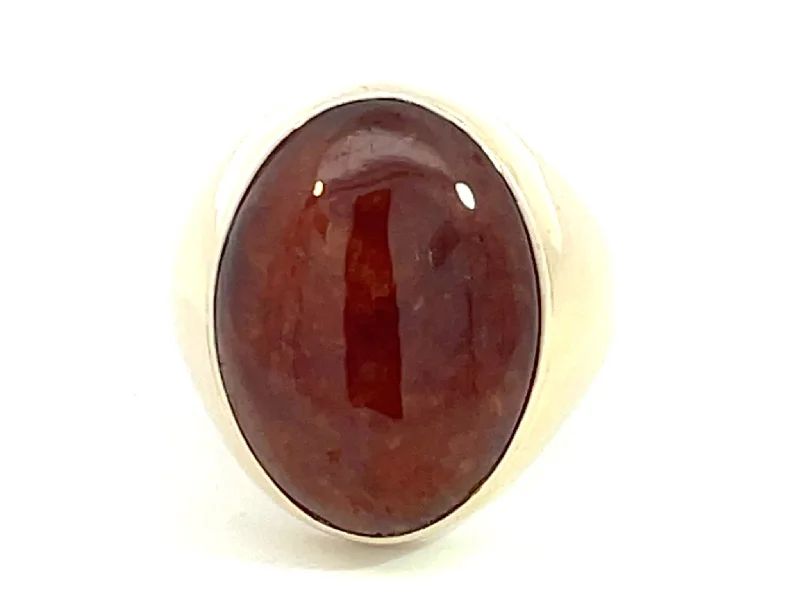 Simple rings with polished black onyx shine -Red Brown Mottled Oval Cabochon Jade Ring in 14k Yellow Gold