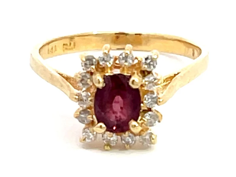 Rings with raw topaz for icy charm -Ruby and Diamond Halo Ring in 14k Yellow Gold