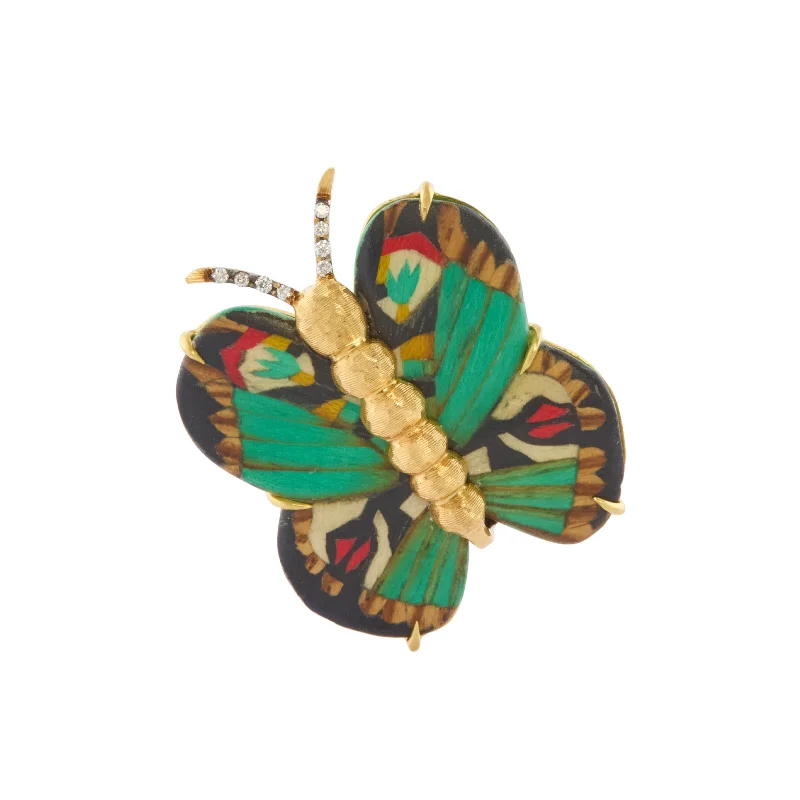 Rings with double bands for modern twist -Diamond Marquetry Green Butterfly Ring