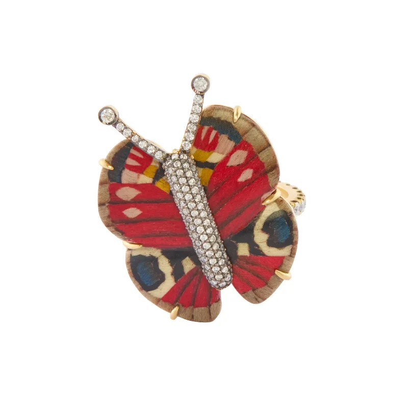 Rings with black diamond for striking contrast -Diamond Marquetry Red Butterfly Ring