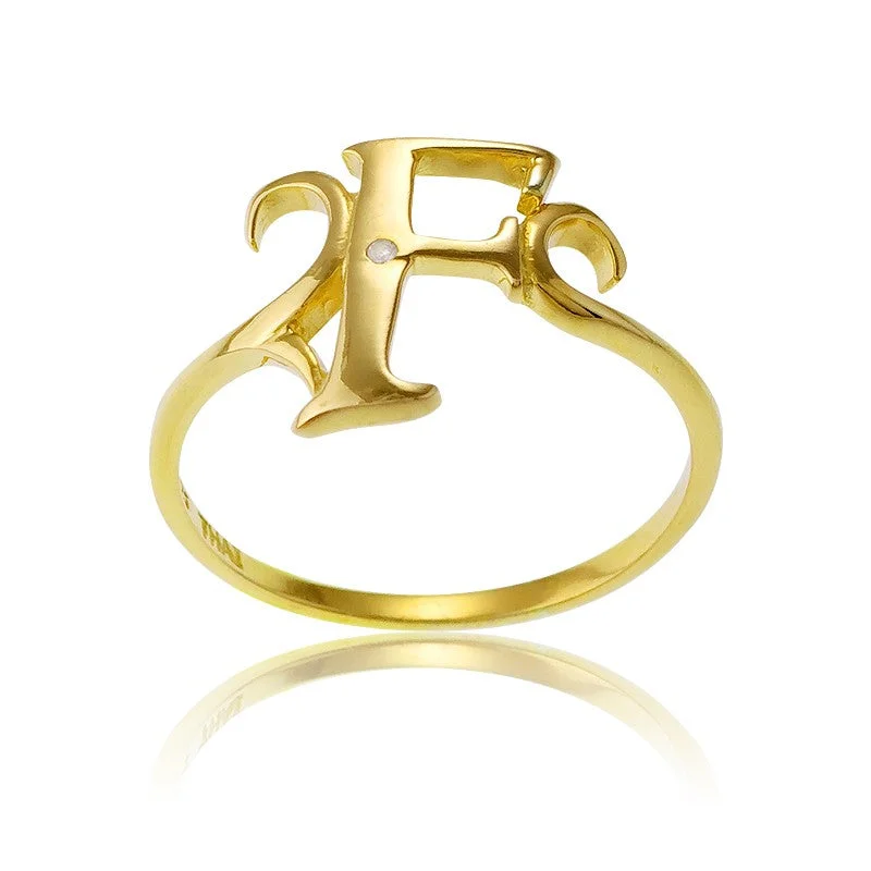 Chunky rings with hammered gold band texture -Sterling Silver 1 Micron GP Single CZ "F" Ring - W-9519