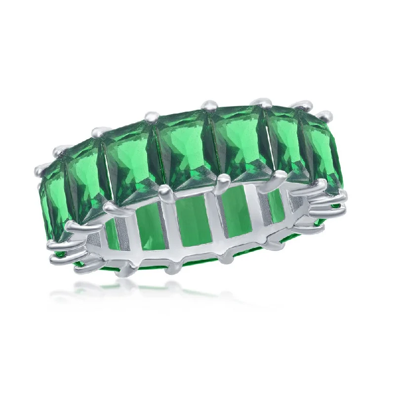 Rings with oxidized silver for antique appeal -Sterling Silver 6mm Emerald CZ Eternity Band Ring - W-2328