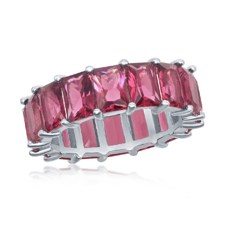 Rings with pave-set gemstones for brilliance -Sterling Silver 6mm Ruby CZ Emerald-Cut-Cut Eternity Band Ring - W-2333