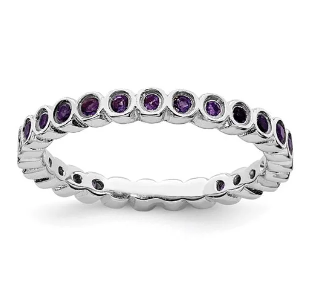 Rings with pave ruby for dazzling sparkle -Sterling Silver Bezel Set Round Amethyst Stack Ring Sz 7