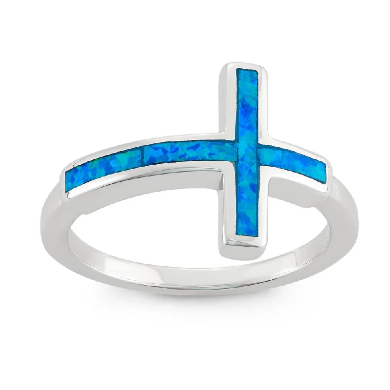 Rings with hematite for sleek metallic sheen -Sterling Silver Blue Inlay Opal Cross Ring - W-9918