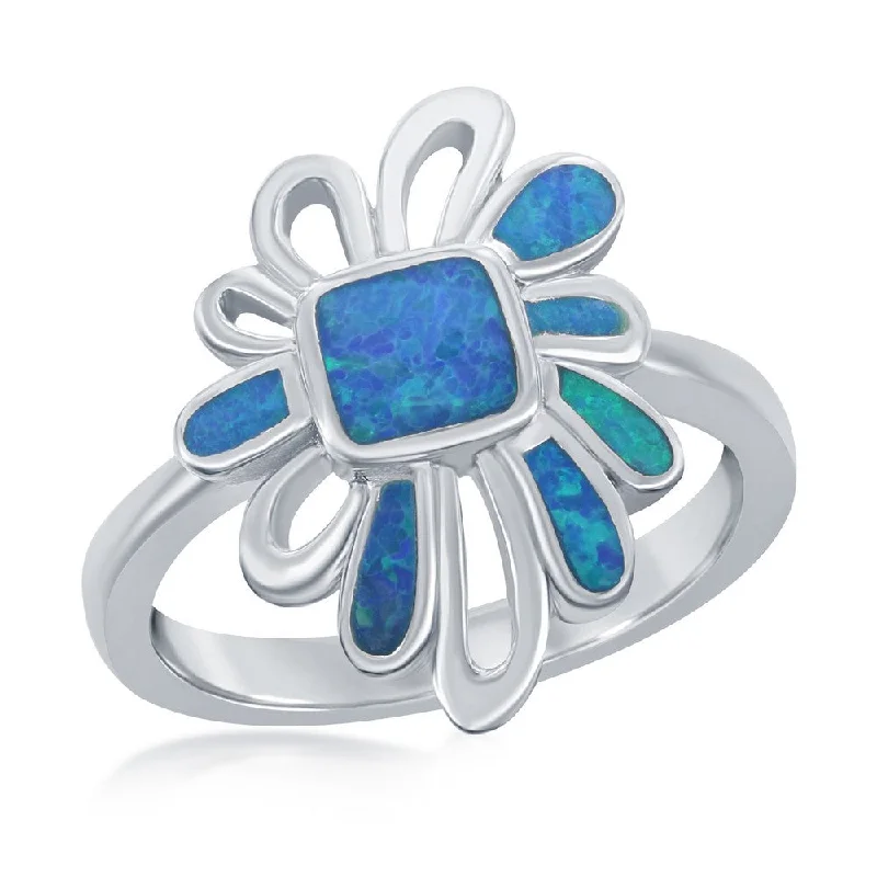 Rings with agate slices for earthy style -Sterling Silver Blue Inlay Opal Designed Ring - W-2318