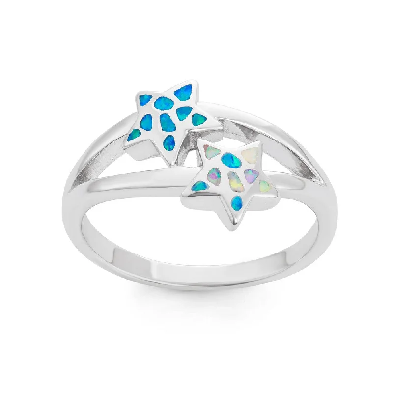 Chunky rings with hammered gold band texture -Sterling Silver Blue Inlay Opal Double Starfish Ring - W-1518