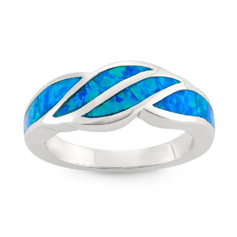 Rings with coral stones for vibrant pop -Sterling Silver Blue Inlay Opal Wave Design Ring - W-9917