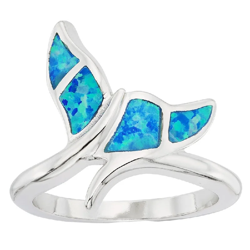 Rings with raw jade for natural calm -Sterling Silver Blue Inlay Opal Whale Tail Ring - W-9776