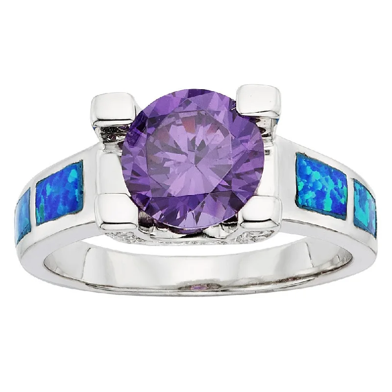 Rings with aventurine gems for green luck -Sterling Silver Blue Opal and Amethyst Circle CZ Ring - W-9462