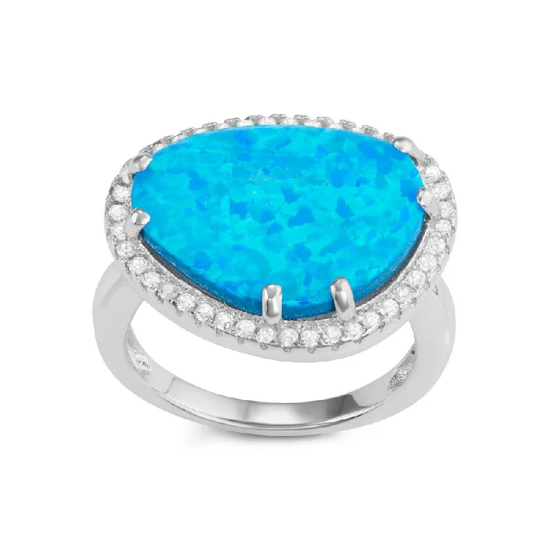 Rings with birthstone clusters for personalization -Sterling Silver Blue Opal Rounded Triangle CZ Ring - W-1567