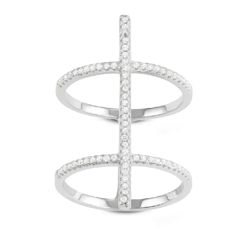 Rings with etched floral bands for detail -Sterling Silver Center CZ Bar XL Double Row Ring - W-1633