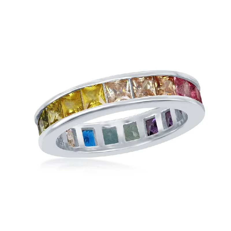 Rings with rough sapphire for rugged chic -Sterling Silver Channel Set Rainbow CZ Band Ring - W-2130