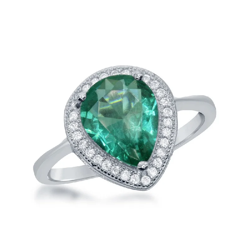 Rings with malachite stones for green patterns -Sterling Silver CZ Border Teardrop Emerald Ring - W-1757