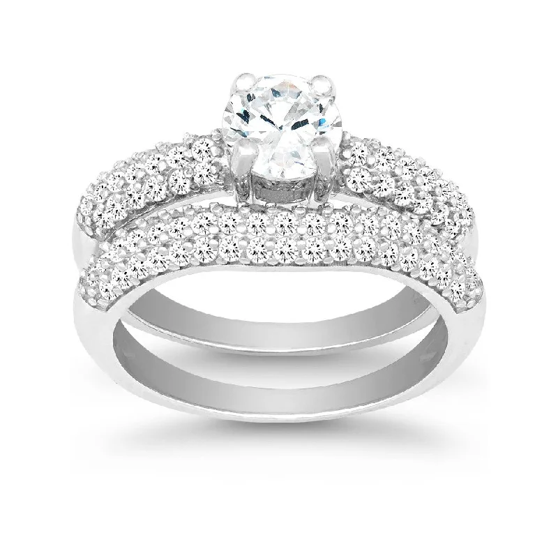 Rings with wide bands for statement wear -Sterling Silver CZ Engagement and Wedding Ring Set - W-9897