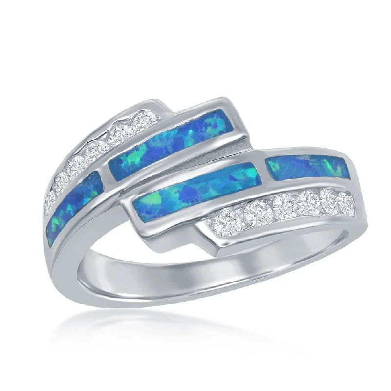 Rings with hematite for sleek metallic sheen -Sterling Silver CZ Overlapping Blue Inlay Opal Ring - W-9459