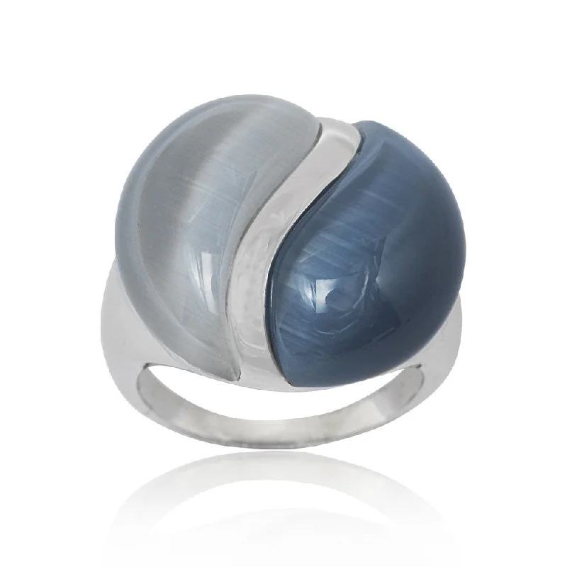 Chunky rings with hammered gold band texture -Sterling Silver Dark and Light Blue Cat's Eye Ring - SMW-1467