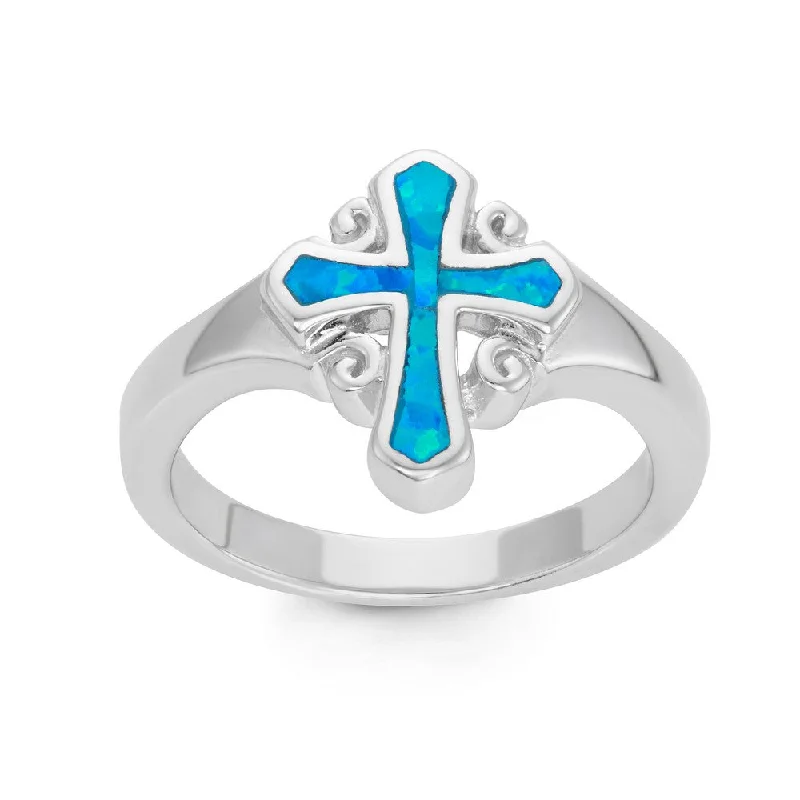 Rings with vintage claw prongs for elegance -Sterling Silver Fancy Blue Inlay Opal Cross Ring - W-1360