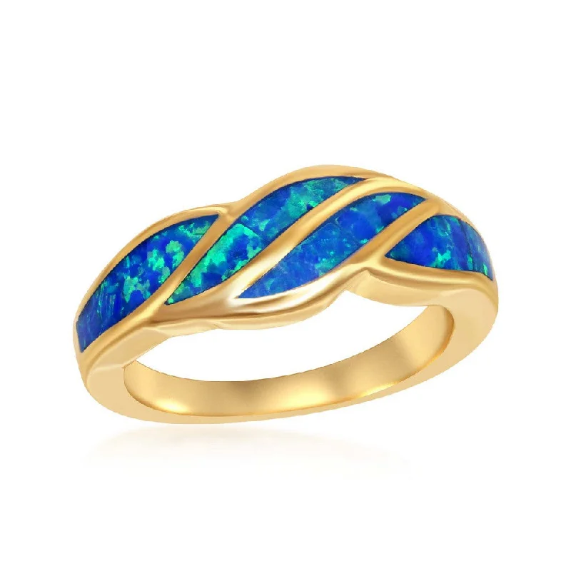 Rings with claw-set moonstone for mystique -Sterling Silver GP Blue Inlay Opal Wave Design Ring - W-1900