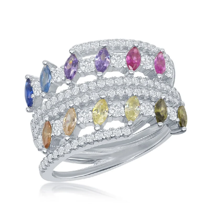 Rings with blue quartz for cool tones -Sterling Silver Multi-Color Marquise CZ Double Ring - W-2441