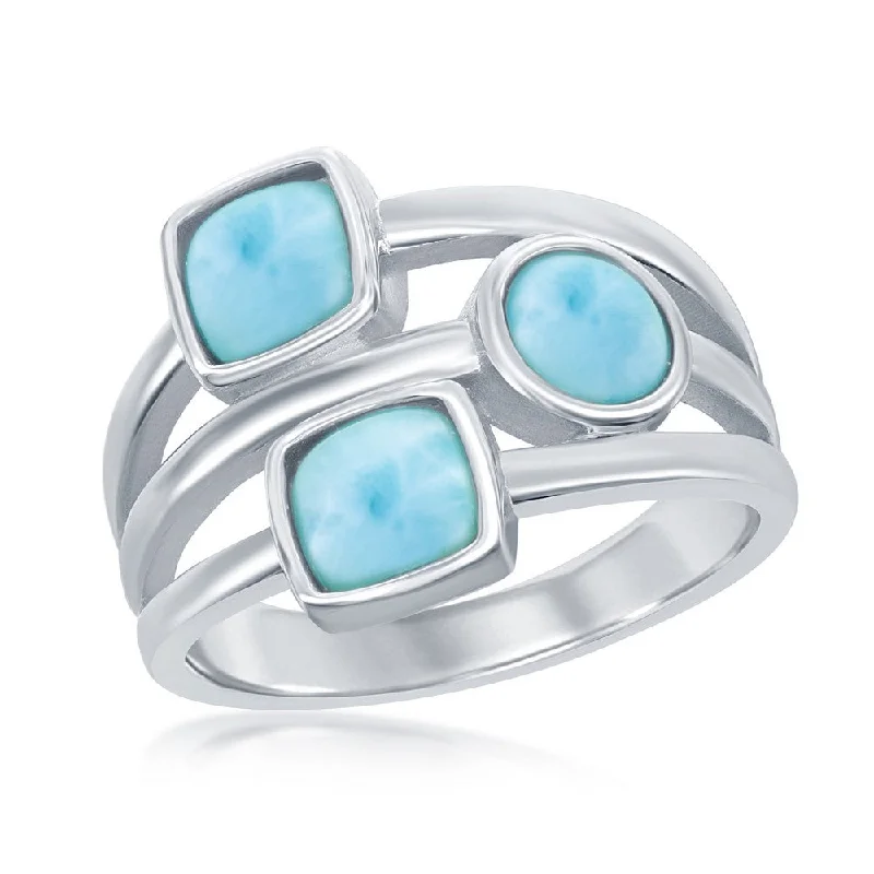 Rings with star sapphire for unique glow -Sterling Silver Multi-Shaped Larimar Triple Band Ring - W-2291