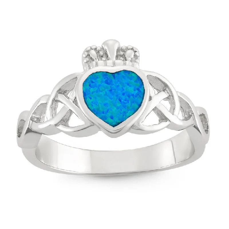 Rings with bold ruby stones for drama -Sterling Silver Opal Celtic Design Claddagh Ring - W-9562