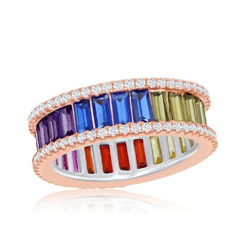 Rings with vintage-inspired rose-cut diamonds -Sterling Silver Rainbow Baguette CZ Band Ring - W-2040