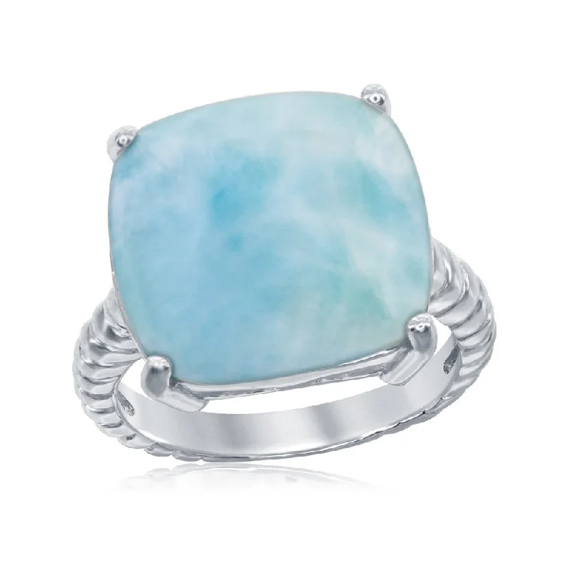 Rings with raw topaz for icy charm -Sterling Silver Rope Design 4 Prong Square Larimar Ring - W-2062