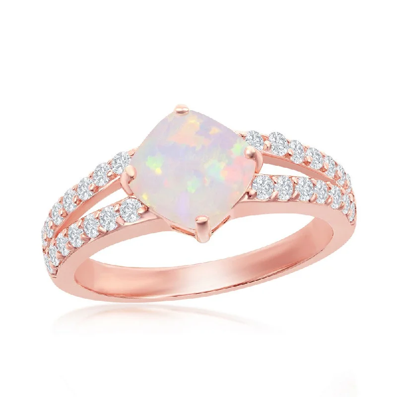 Rings with vine-wrapped bands for nature -Sterling Silver Rose GP Diamond-Shaped Opal CZ Ring - W-2261