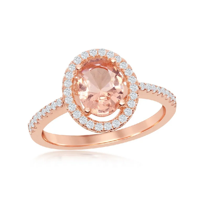 Rings with tiger eye bands for warmth -Sterling Silver Rose GP Oval Morganite CZ Ring - W-2078