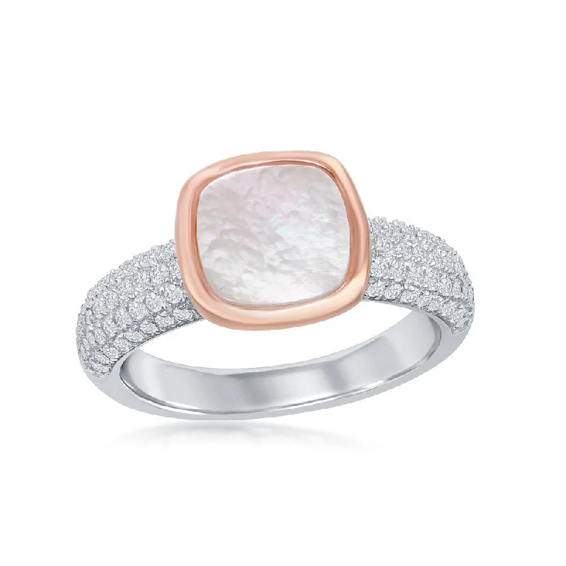 Stackable rings with mixed metal finishes -Sterling Silver Rose GP Square MOP Micro Pave Band Ring - W-2044