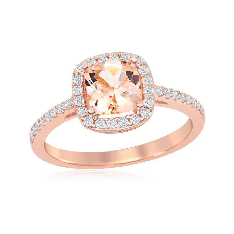 Rings with rainbow moonstone for color play -Sterling Silver Rose GP Square Morganite CZ Ring - W-1936