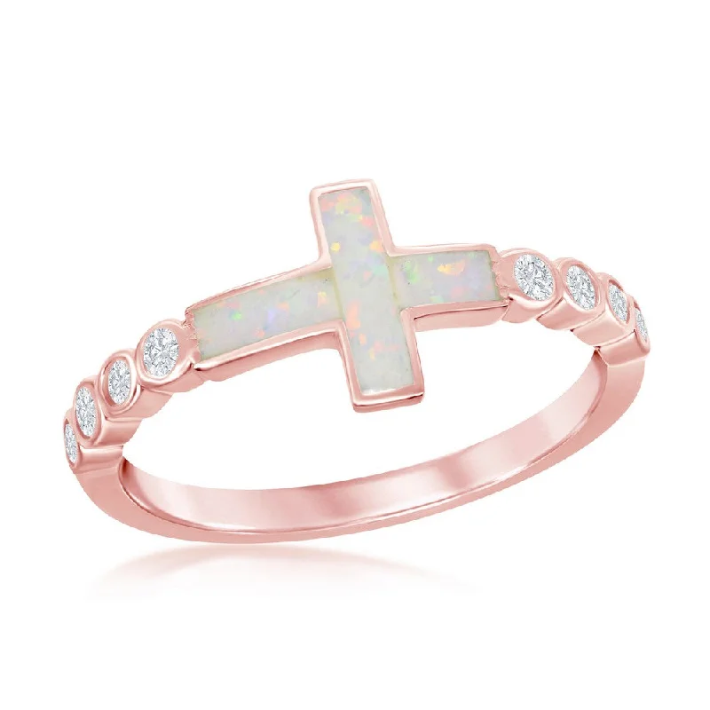 Rings with rough moonstone for natural beauty -Sterling Silver Rose GP White Inlay Opal Cross CZ Ring - W-2260